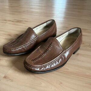 Freeman Loafers Red Brown Leather Woven Moc Apron Round Toe Slip On Shoes